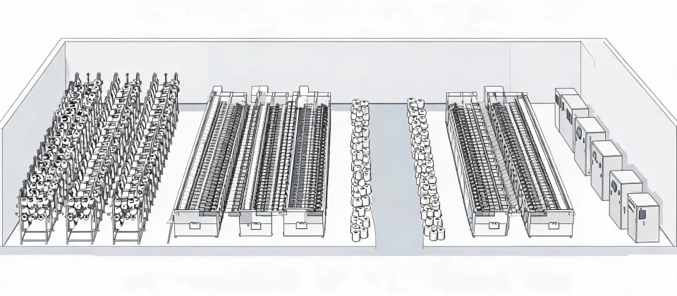 Schematic of a spinning bay with ring frames, creel and control cabinets
